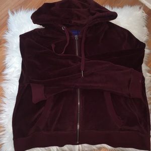 burgundy, fuzzy, zip up hoodie